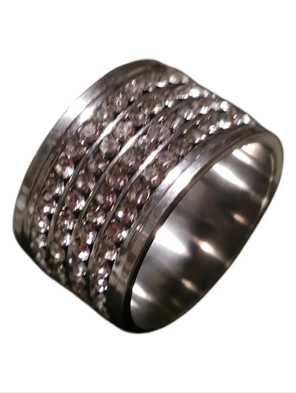 New Stainless Steel, Wide Silver Band Ring With Cubic Zirconia Sulize 12 Unisex - Picture 3 of 5